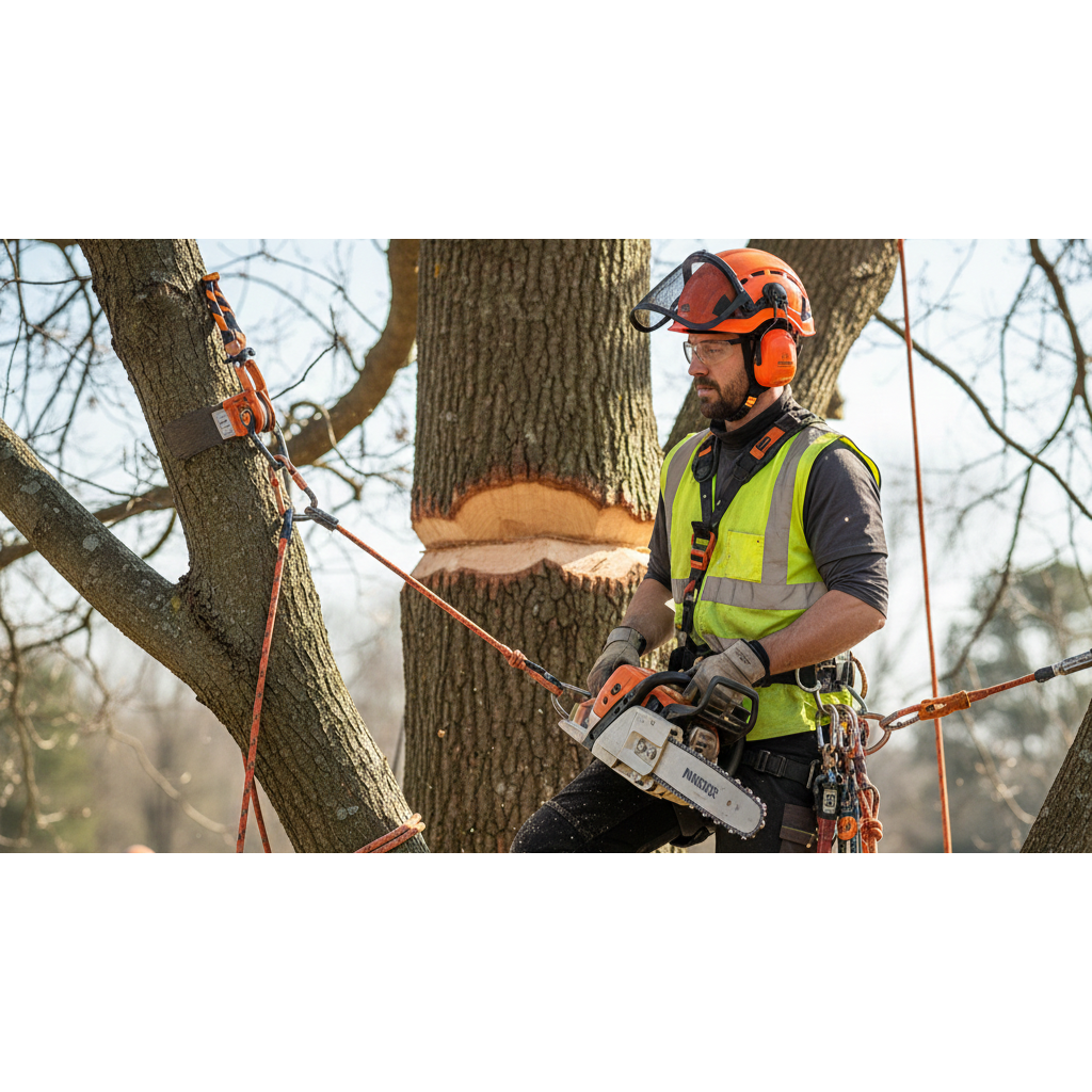 Arborist wearing OSHA-compliant safety gear during tree cutting
