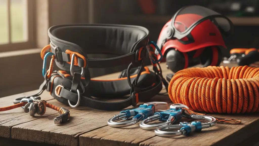 best tree climbing gear for beginners 2026 showing professional arborist harness and rope system