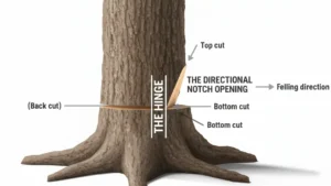 Professional arborist performing technical tree cutting with safety gear and 15 years experience.