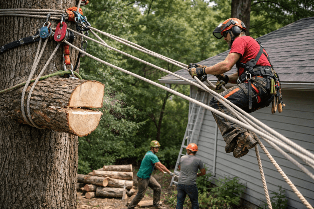 Directional tree dismantling using a 5:1 mechanical advantage rigging system