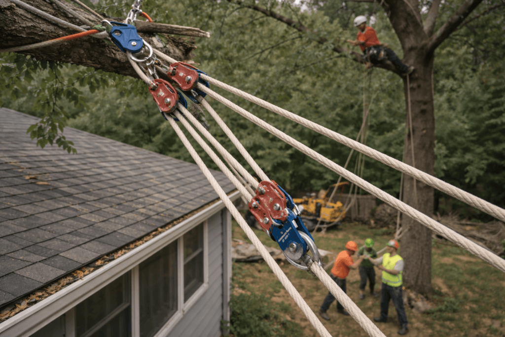 5 to 1 mechanical advantage system lifting limb during complex tree removal
