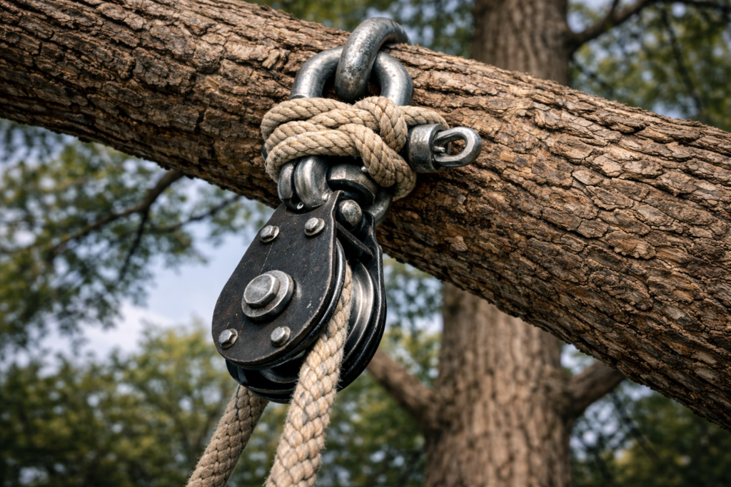 High-tension rigging system showing tree work safety standards for heavy lifting.