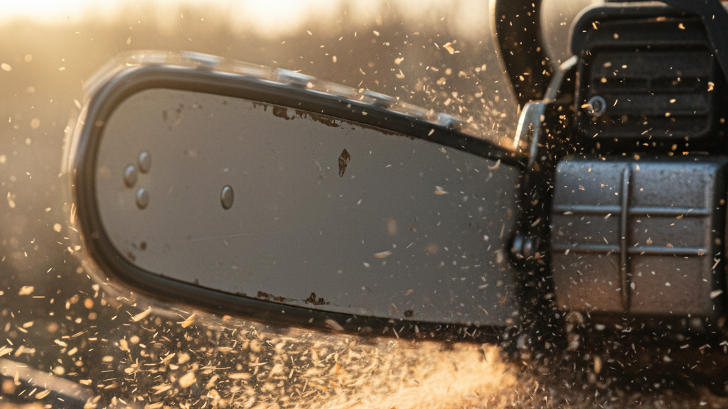 Close-up of a sharp chainsaw demonstrating safe cutting techniques.