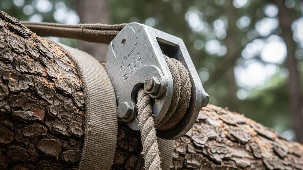 echnical rigging system with block and pulley used in tree climbing removals.