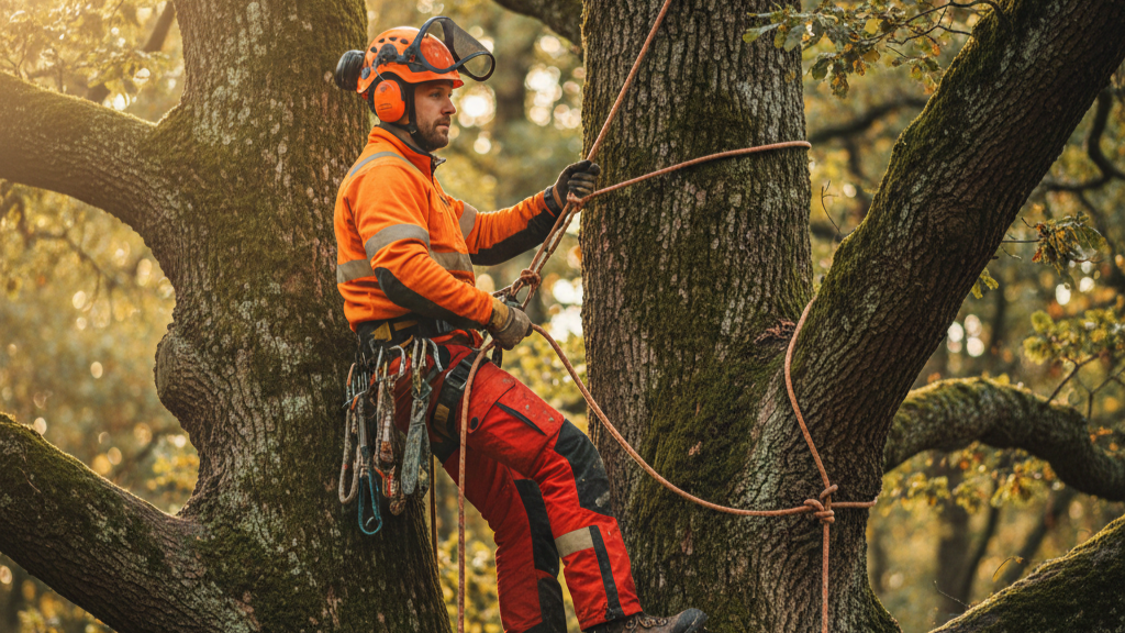 Professional arborist practicing tree work safety while climbing a large oak.