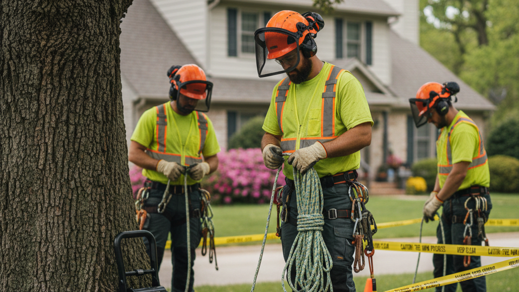 Tree removal crew following OSHA and ISA safety protocols before starting a rigging operation.