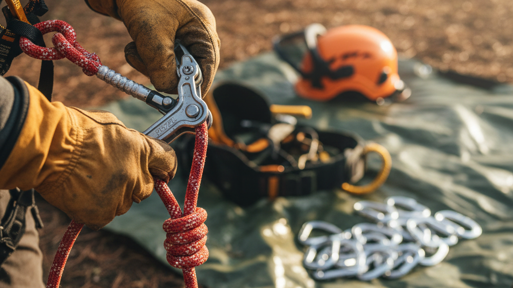 Arborist inspecting climbing harness and ropes for safety compliance.