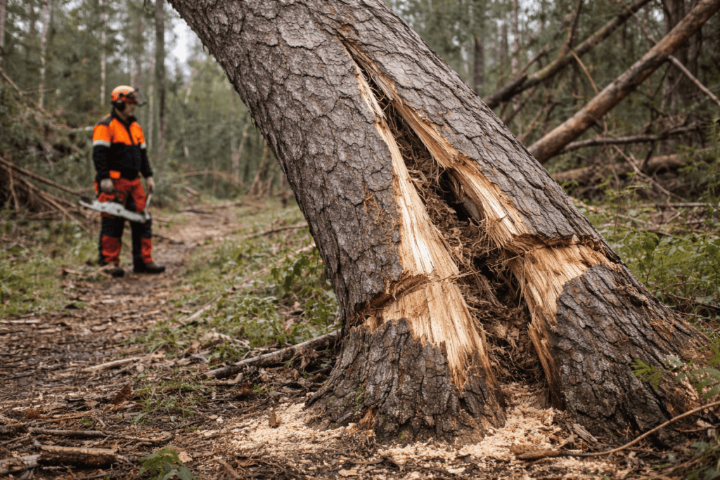 barber chair tree felling hazard showing vertical trunk split

