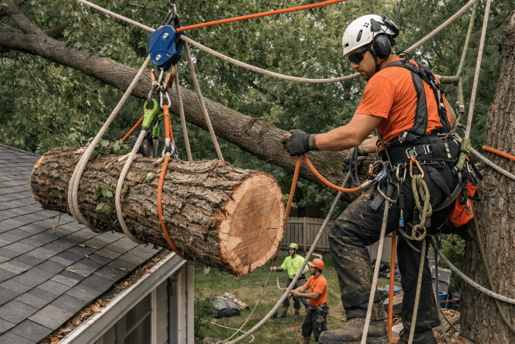 complex tree removal using advanced rigging and redirects over a house
