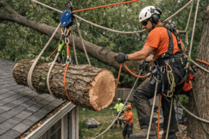 complex tree removal using advanced rigging and redirects over a house