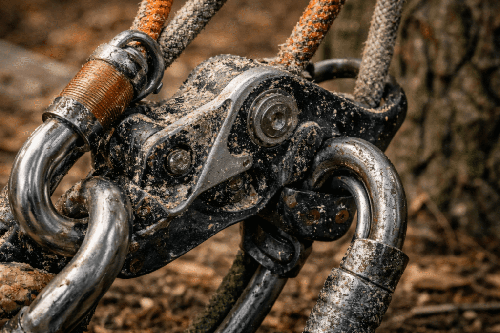 Contaminated arborist climbing gear causing equipment failure