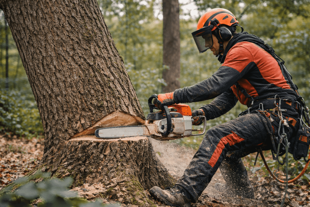 Directional tree felling with chainsaw showing hinge wood and timing