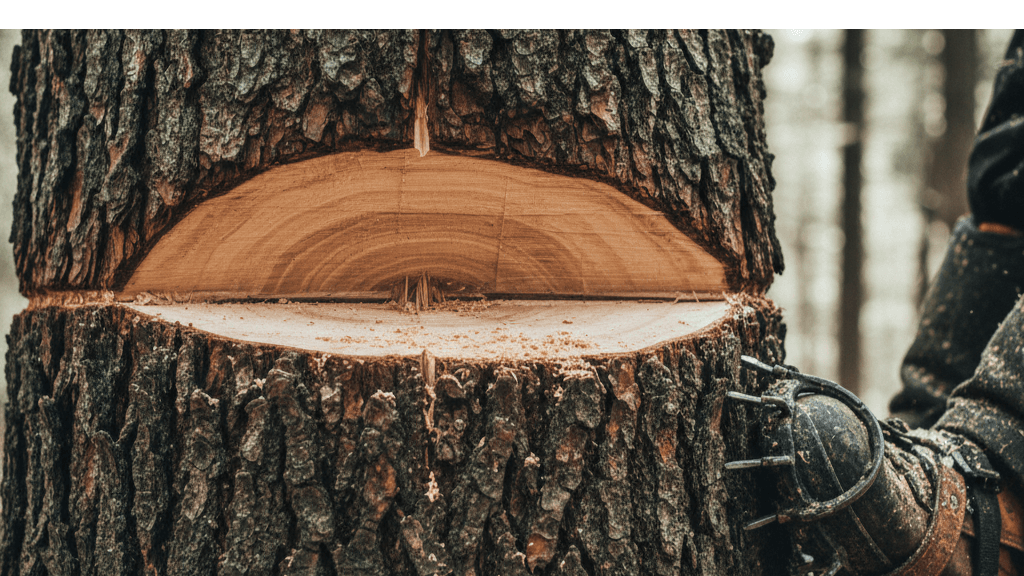 Open-face notch and hinge cut used for directional felling during tree dismantling.