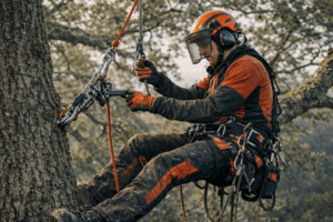 Professional arborist climbing tree using SRT system with safety gear