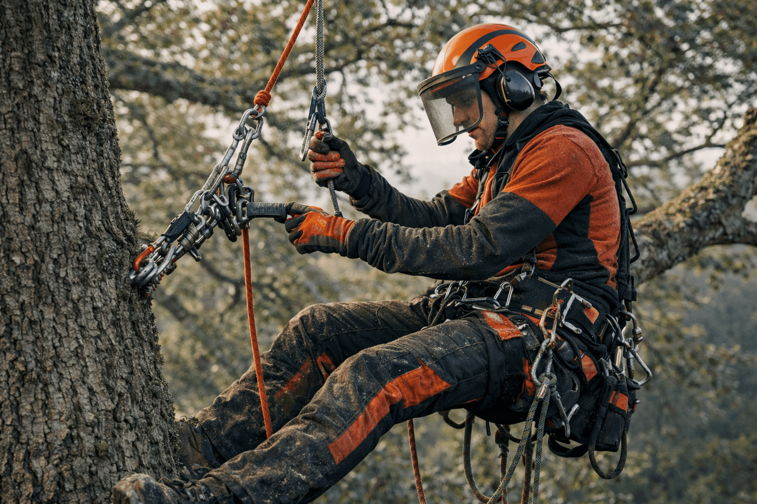 Professional arborist climbing tree using SRT system with safety gear