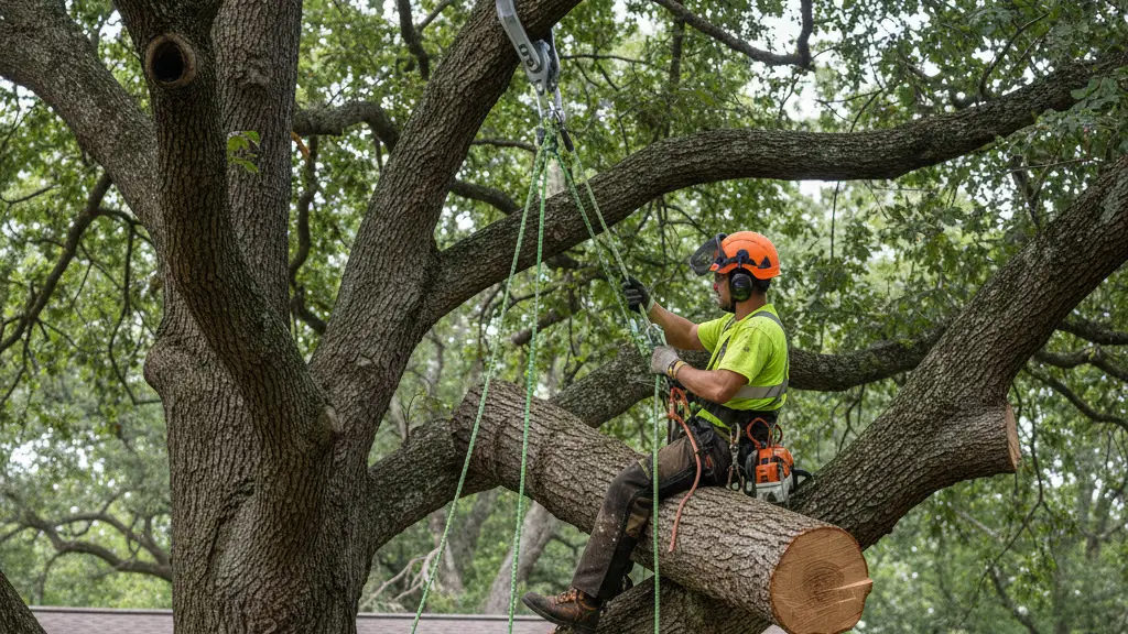Professional arborist performing precision rigging and rope work while dismantling a large White Oak tree over a residential sunroom.