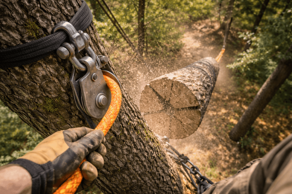 Tree Rigging Physics action shot of high-angle spar dismantling