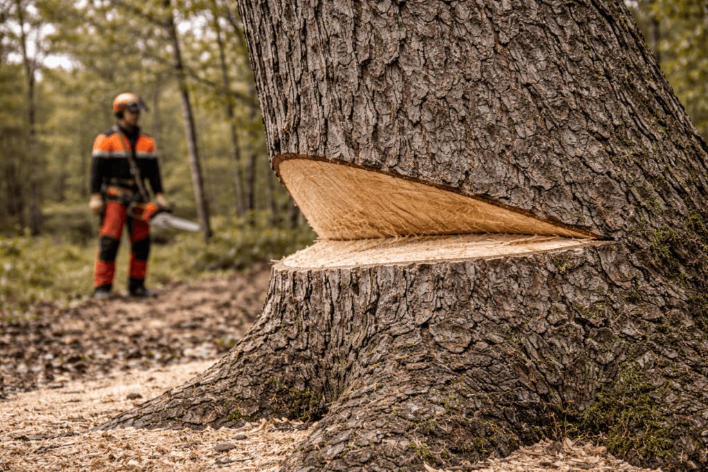 hinge wood controlling tree direction during precision tree removal
