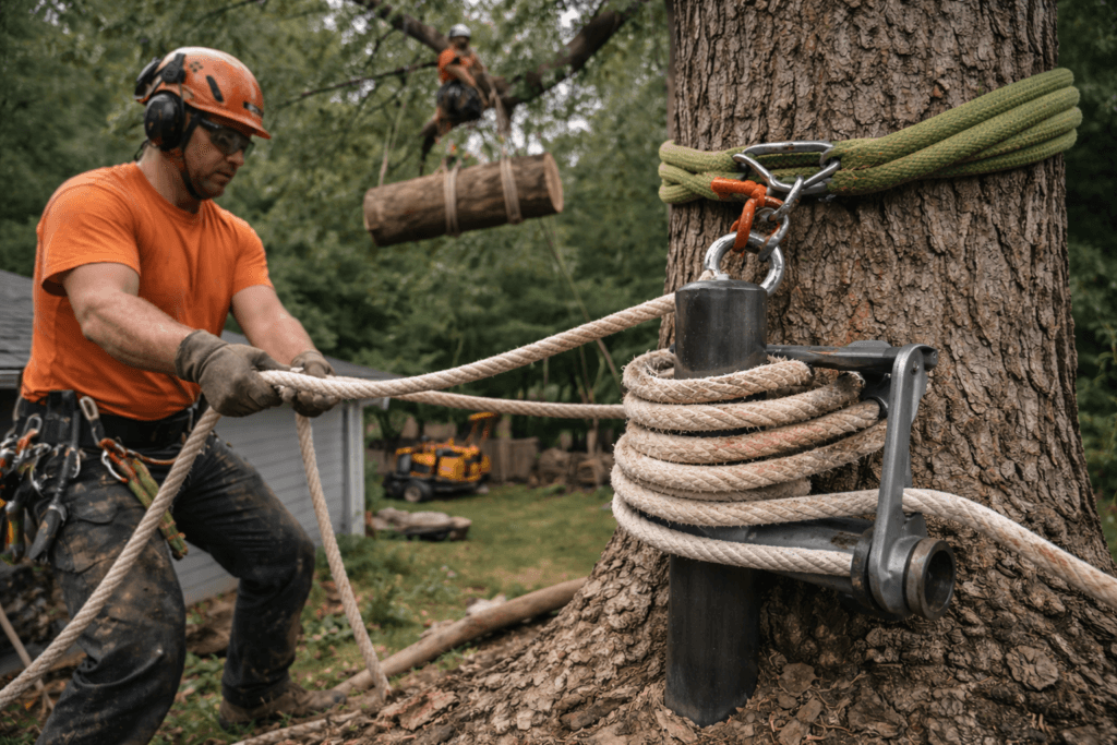 Port-A-Wrap friction device controlling heavy load during complex tree removal
