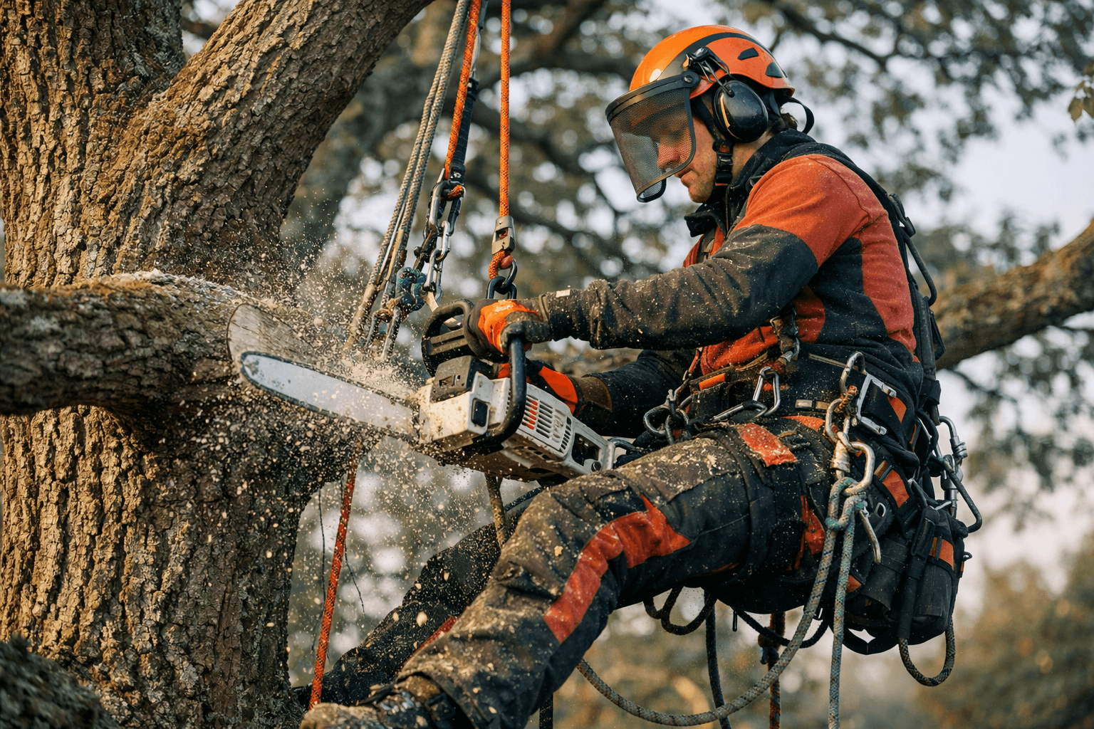 professional arborist climbing oak tree using chainsaw with proper safety gear