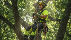 Professional arborist performing tree climbing at 80 feet in a White Oak.