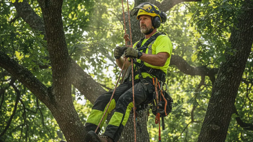 Professional arborist performing tree climbing at 80 feet in a White Oak.