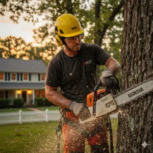 Professional arborist safely performing tree removal with a chainsaw near a residential property.