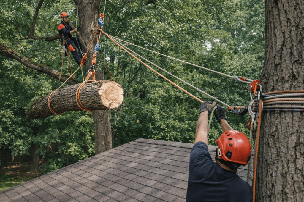 professional tree rigging techniques used to safely remove heavy limbs near a house