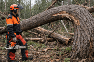 spring poles and barber chairs hazards during professional tree cutting