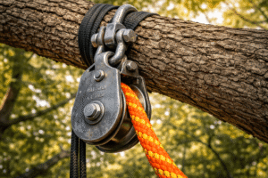 Tree Rigging Physics showing a professional arborist pulley and rope system