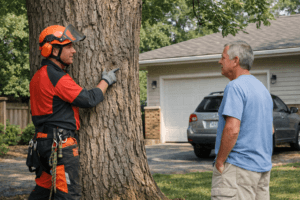 tree care tips for homeowners showing professional arborist inspecting a backyard tree