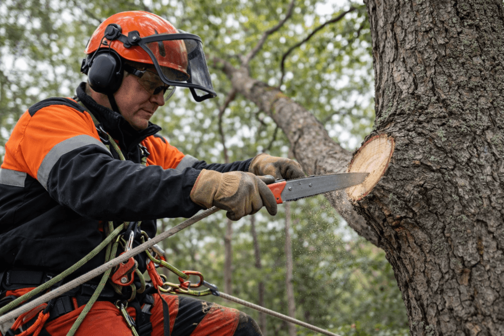 tree pruning techniques showing professional arborist making a proper branch collar cut