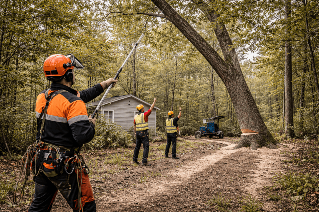 tree removal safety assessment showing escape paths and hazard identification
