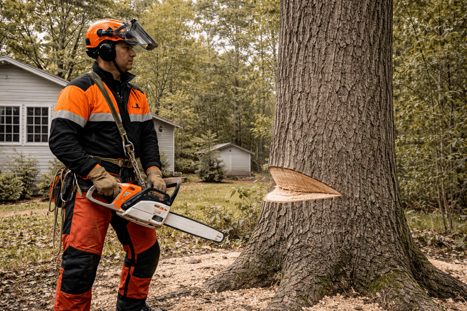 tree removal techniques showing professional arborist preparing a precision felling cut