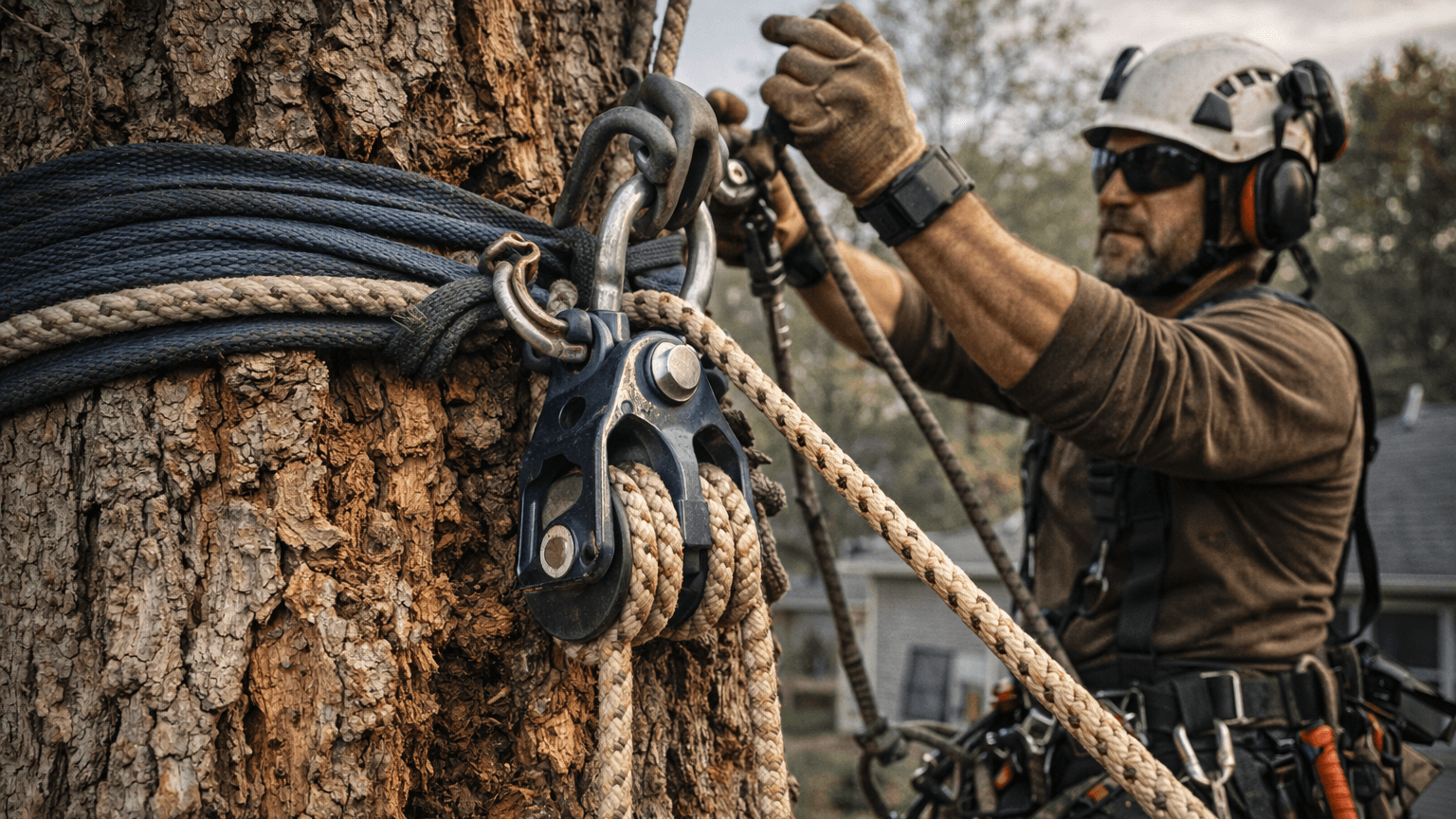 dead oak removal rigging system with block and heavy rope