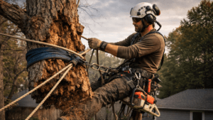 Dead oak removal rigging by professional arborist in residential tree removal